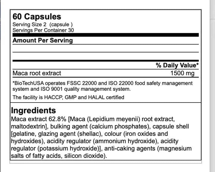 BioTech USA Maca 60 Mega Caps - Supplement Support