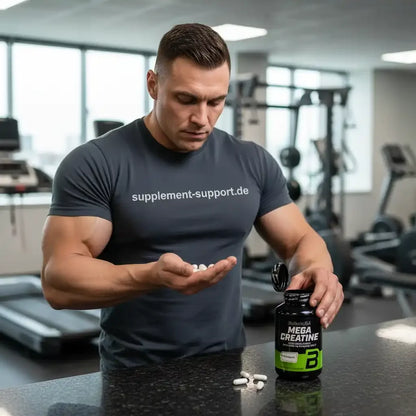 Muskulöser Mann mit Mega Creatine Kapseln im Fitnessstudio – Sportnahrung & Nahrungsergänzung