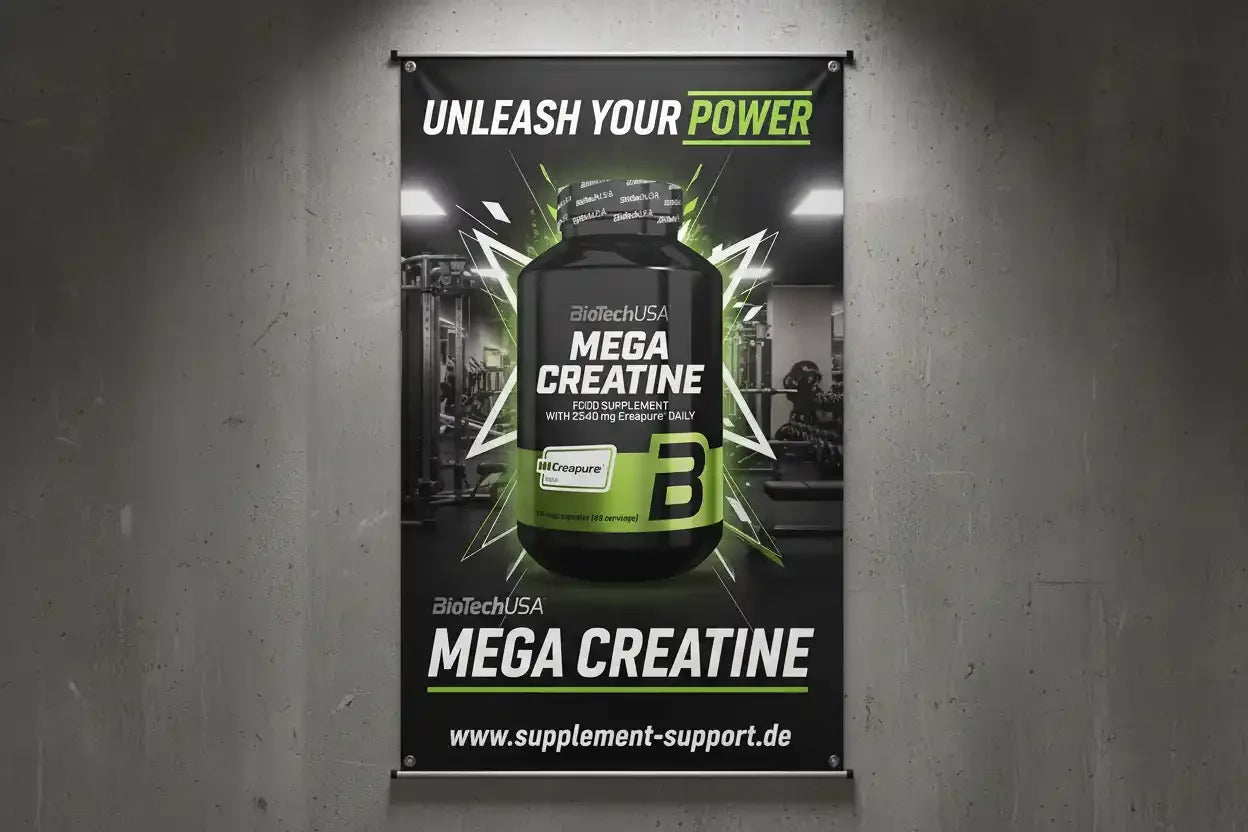 BioTechUSA Mega Creatine Werbeplakat mit „Unleash Your Power“ – Nahrungsergänzung für Sportler