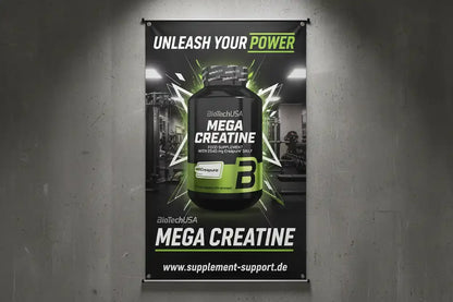 BioTechUSA Mega Creatine Werbeplakat mit „Unleash Your Power“ – Nahrungsergänzung für Sportler