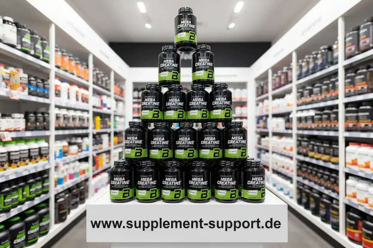 Mega Creatine Nahrungsergänzungsmittel in Pyramidenform im Supplement-Store