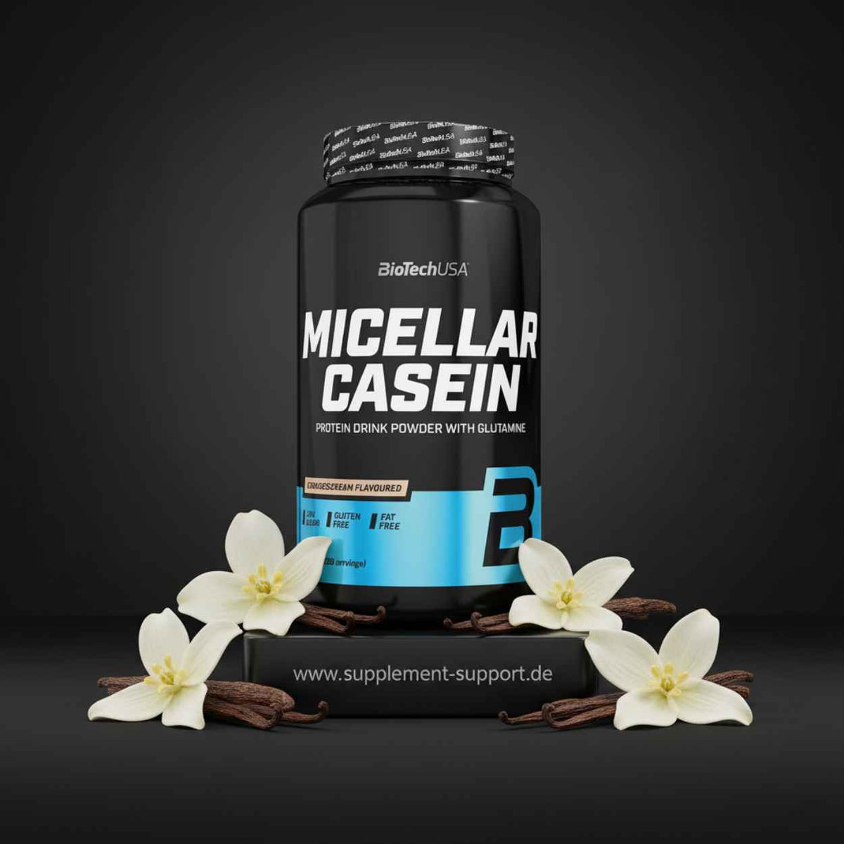 BioTechUSA Micellar Casein Protein-Pulver mit Vanilleblüten und Vanilleschoten