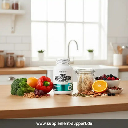MSM Chondroitin Glucosamin Nahrungsergänzungsmittel mit Gemüse, Obst und Nüssen in Küche