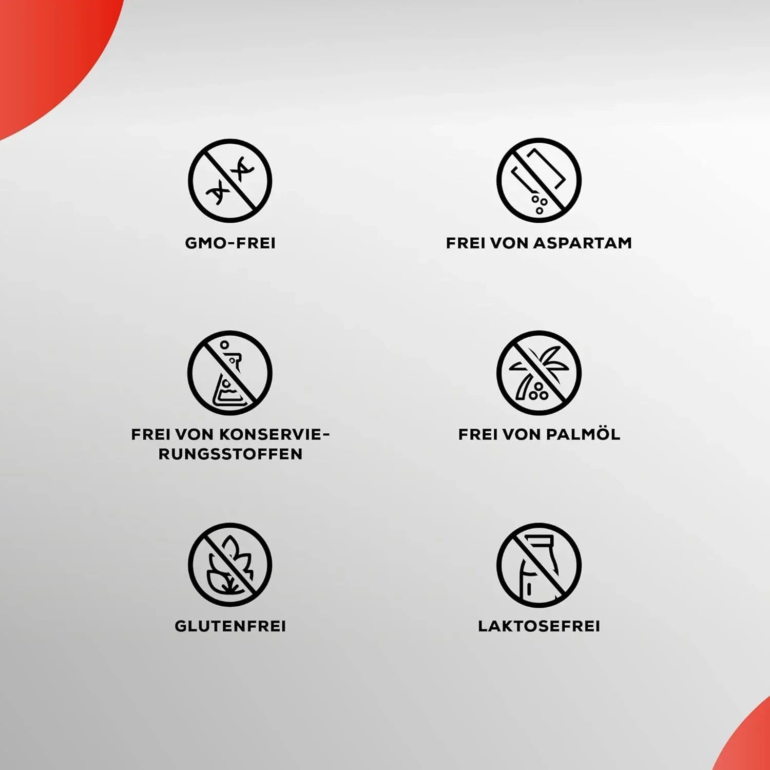 Symbole für GMO-frei, frei von Aspartam, Konservierungsstoffen, Palmöl, glutenfrei, laktosefrei