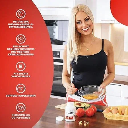 Frau in moderner Küche mit BiotechUSA Omega 3 Supplement, frischen Tomaten und Paprika auf dem Tisch