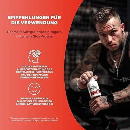 Muskulöser Mann hält BiotechUSA Omega 3 180x500mg Supplement-Dose, Verwendungshinweise sichtbar