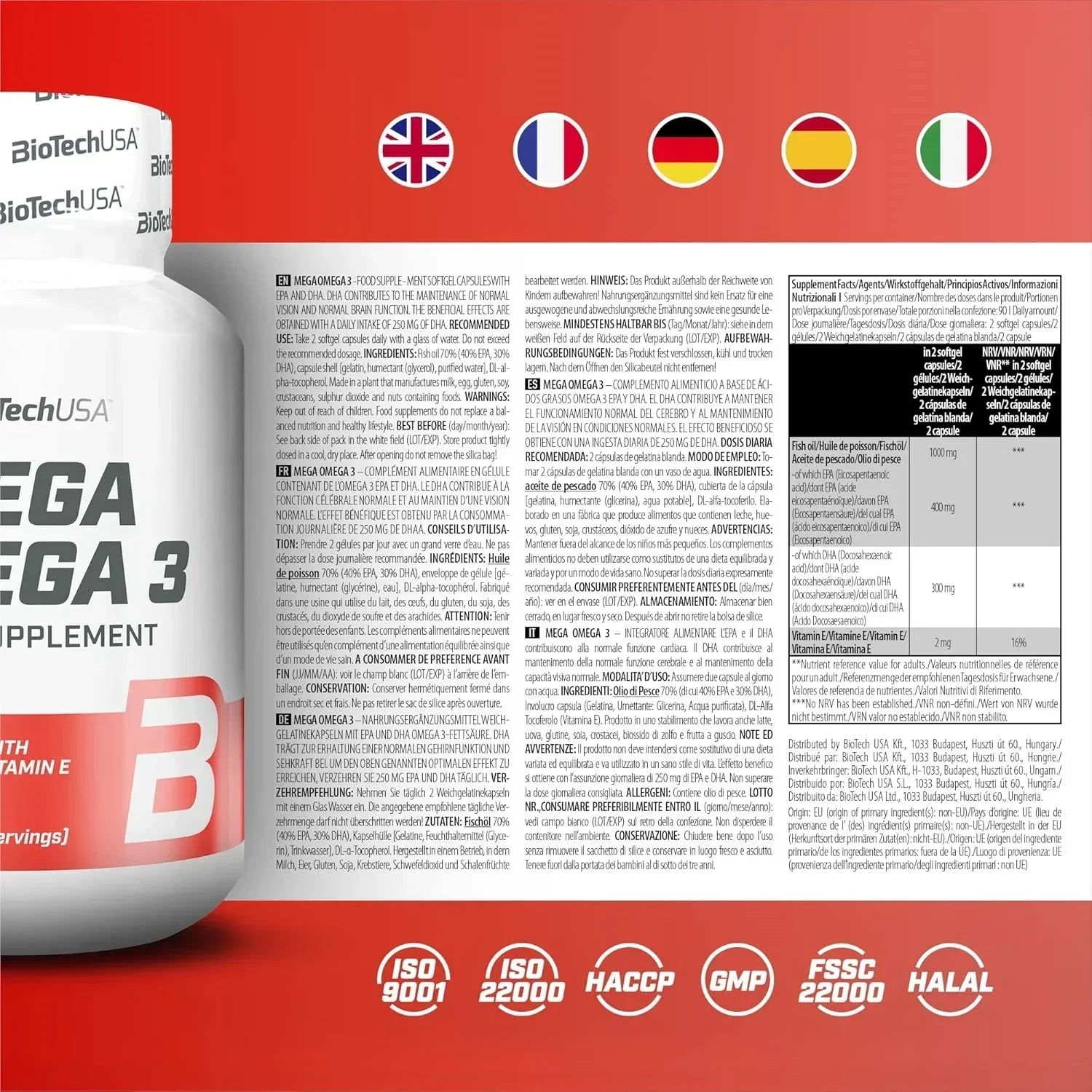 BiotechUSA Omega 3 Nahrungsergänzung, Flasche und Produktinformationen, rote Hintergrundgrafik