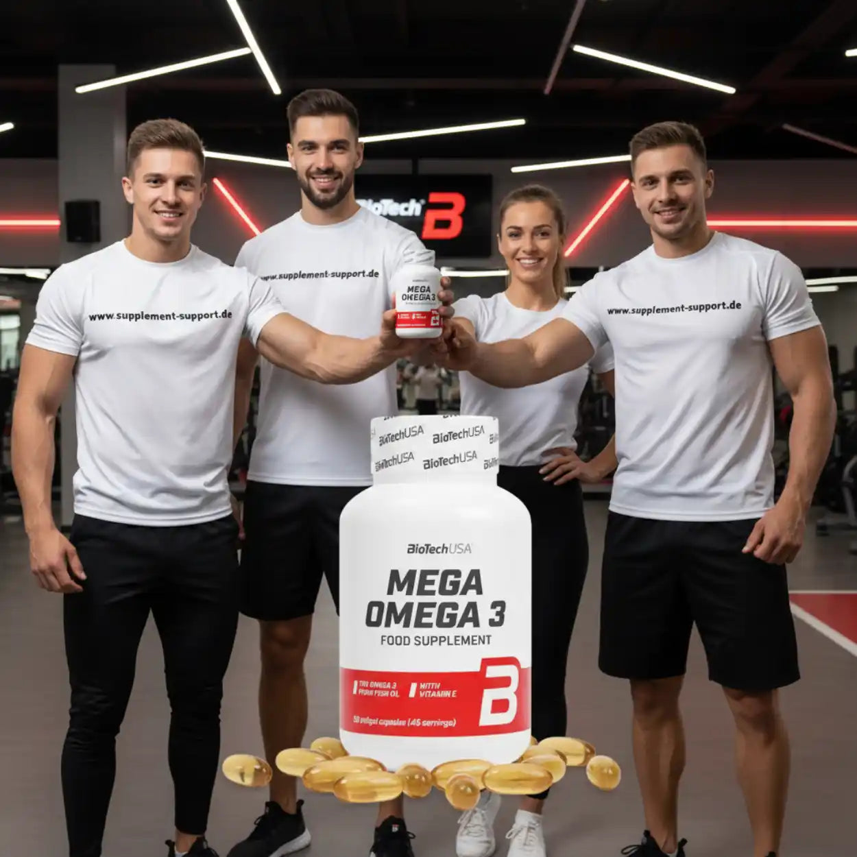 Mega Omega 3 Nahrungsergänzungsmittel von BioTech USA, präsentiert von fiten Personen im Fitnessstudio