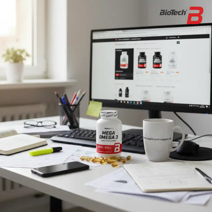 Mega Omega 3 Nahrungsergänzungsmittel auf Schreibtisch mit Computer und Kaffeetasse