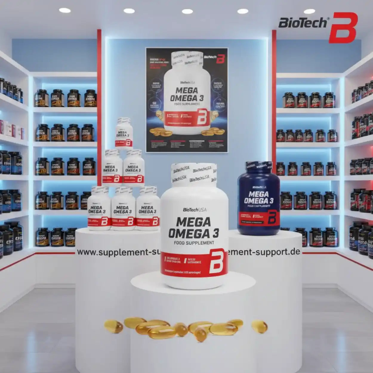 BioTech USA Mega Omega 3 Nahrungsergänzungsmittel in moderner Apotheke mit Regalen voller Supplemente
