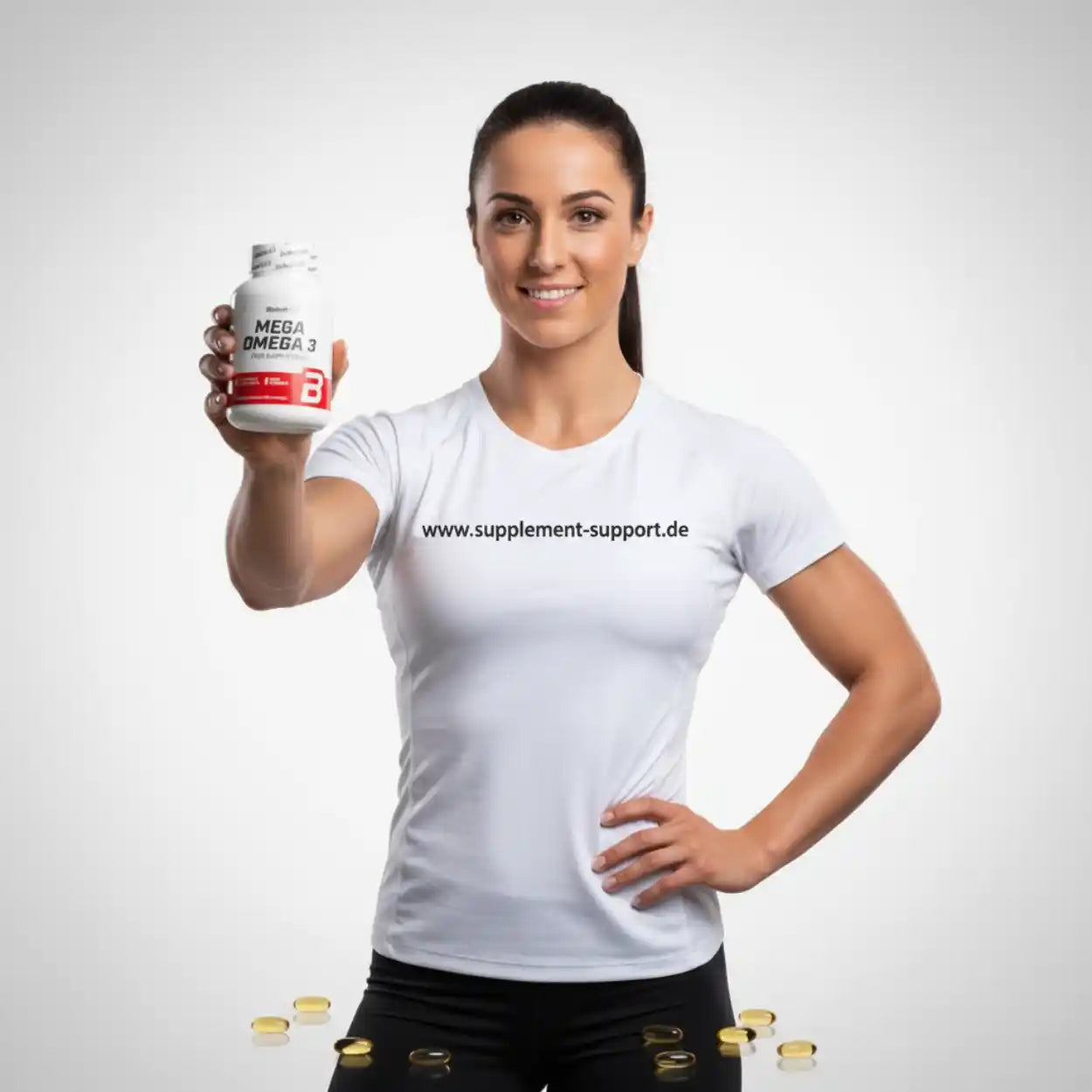 Frau hält Mega Omega 3 Supplementflasche, Nahrungsergänzungsmittel für Sport und Gesundheit