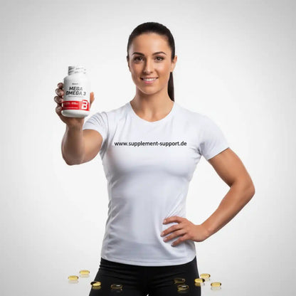 Frau hält Mega Omega 3 Supplementflasche, Nahrungsergänzungsmittel für Sport und Gesundheit