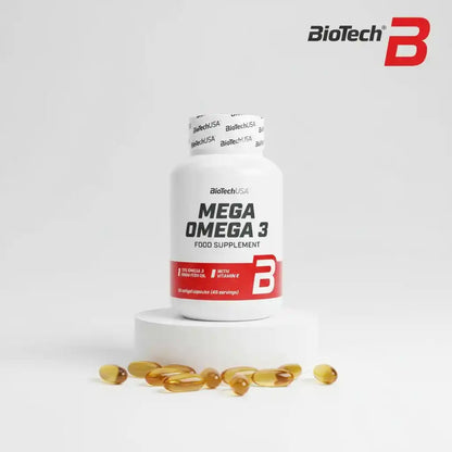 BioTech USA Mega Omega 3 Nahrungsergänzung mit Vitamin E und Fischöl Kapseln