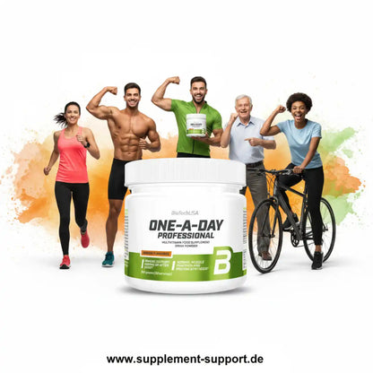 BioTechUSA One-A-Day Professional Multivitamin für Sportler mit aktiven Menschen im Hintergrund.