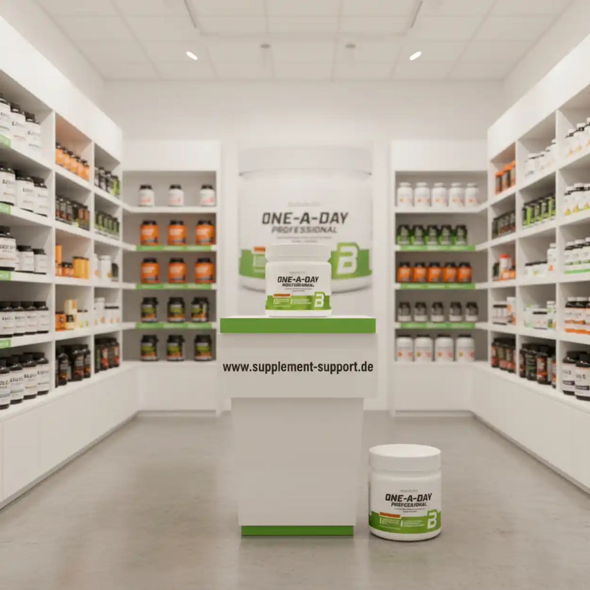 One-A-Day Professional Nahrungsergänzungsmittel in einem modern eingerichteten Supplement-Shop.