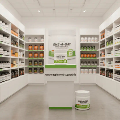 One-A-Day Professional Nahrungsergänzungsmittel in einem modern eingerichteten Supplement-Shop.