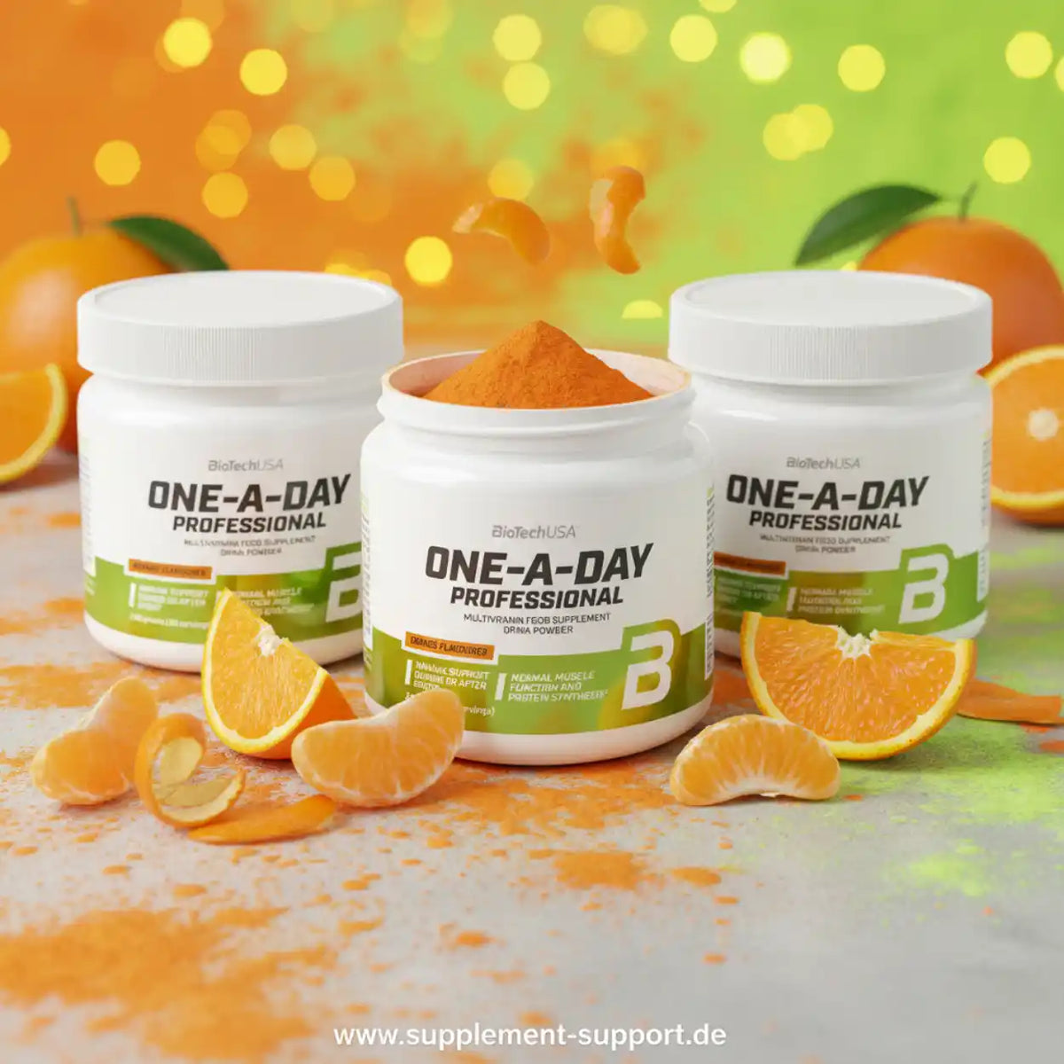 Drei Tiegel BioTechUSA One-A-Day Professional Multivitamin-Pulver mit Orangenscheiben