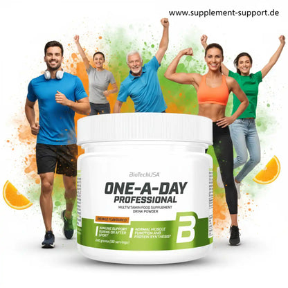 BioTechUSA One-A-Day Professional Multivitamin Drink Powder mit Sportlern im Hintergrund