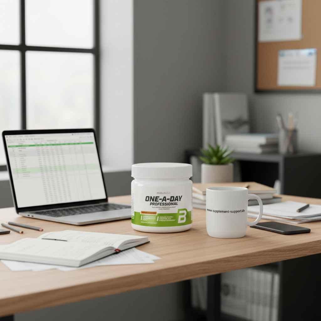 One-A-Day Professional Multivitamin auf Schreibtisch mit Laptop und Tasse, ideal für Büro und Sport