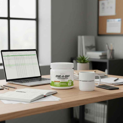 One-A-Day Professional Multivitamin auf Schreibtisch mit Laptop und Tasse, ideal für Büro und Sport