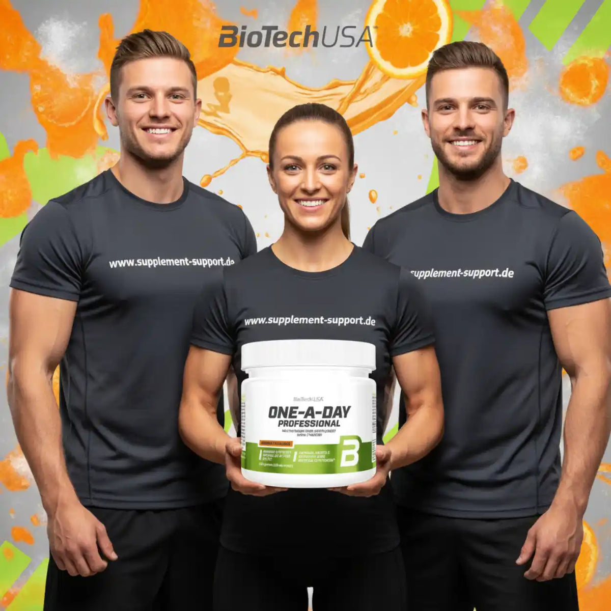 Drei sportliche Personen präsentieren BioTechUSA One-A-Day Professional Nahrungsergänzungsmittel.