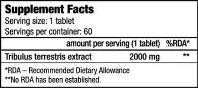 Supplement Facts Tabelle von Biotech USA Tribooster, 2000 mg Tribulus terrestris pro Tablette.
