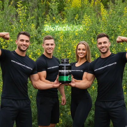 Muskelgruppe mit Tribooster von BioTechUSA vor gelben Blumen