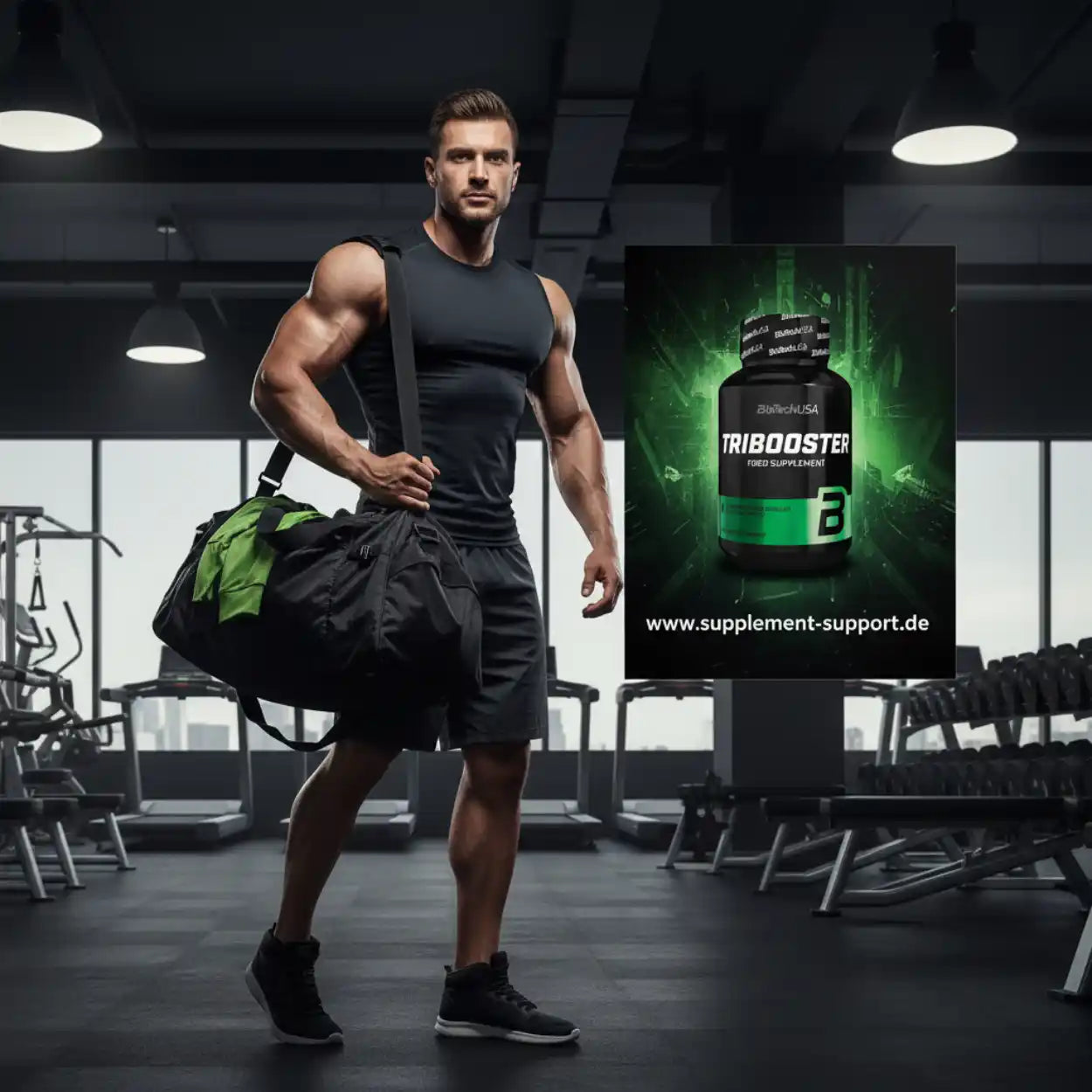 Muskulöser Mann im Fitnessstudio mit Tribooster Nahrungsergänzungsmittel