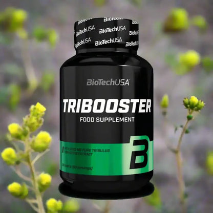 BioTechUSA TRIBOOSTER Nahrungsergänzungsmittel Dose vor unscharfem, grünem Pflanzhintergrund