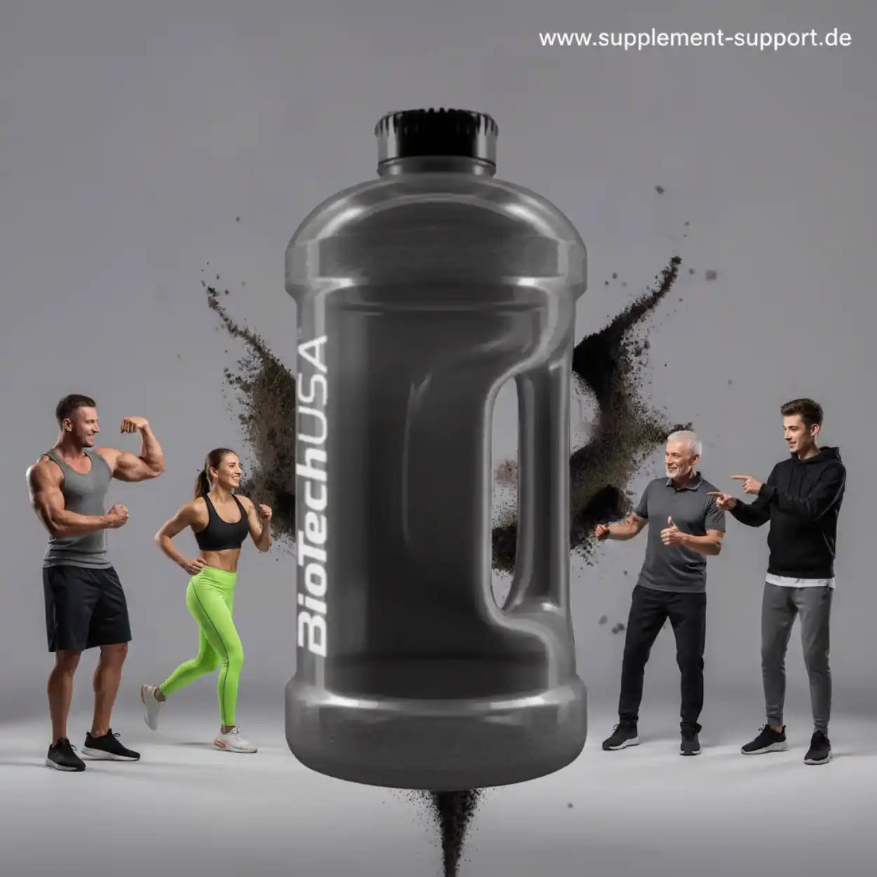 BiotechUSA Proteinflasche mit Sportlern im Hintergrund für Fitness und Muskelaufbau