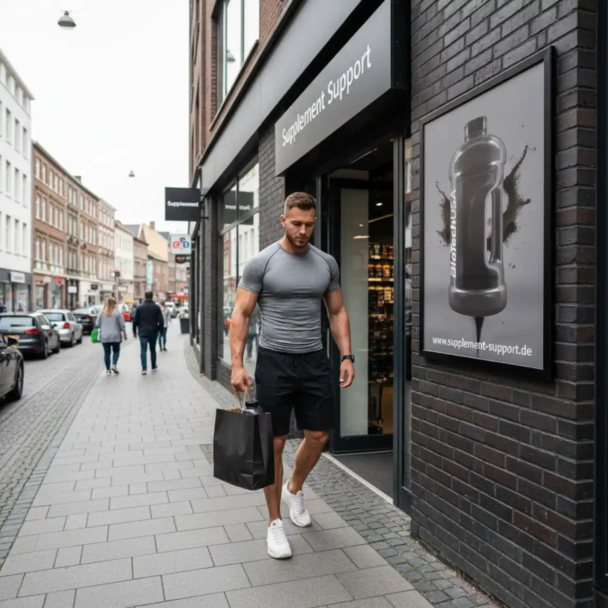 Muskulöser Mann mit Einkaufstüte vor Supplement Support Shop, Protein und Vitamine