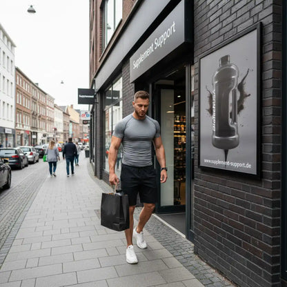 Muskulöser Mann mit Einkaufstüte vor Supplement Support Shop, Protein und Vitamine