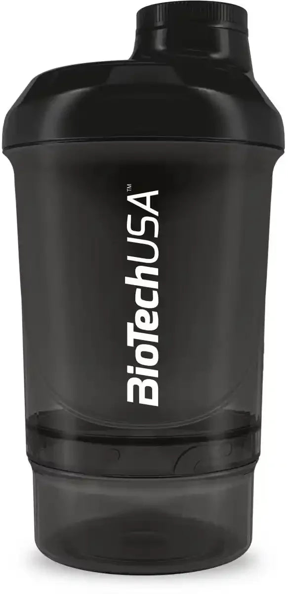 Schwarzer BioTechUSA Wave Nano Shaker 300 ml mit weißem Logo, auf weißem Hintergrund