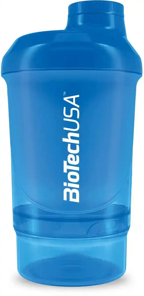 Blauer BioTechUSA Wave Nano Shaker 300 ml mit Schraubdeckel und Logo Sicht