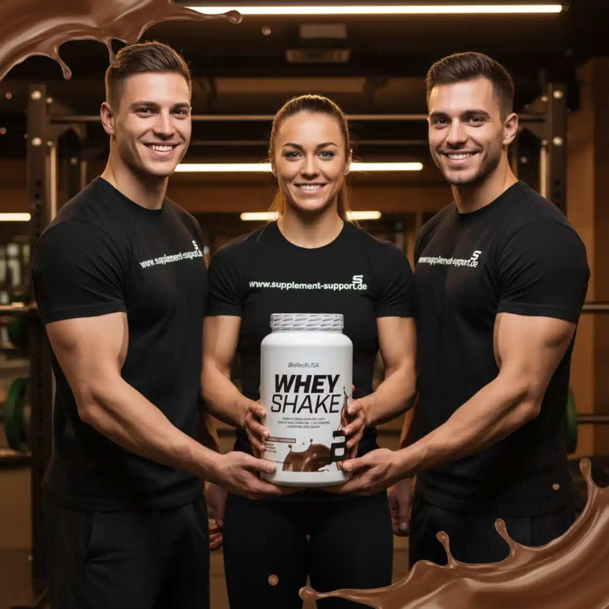Drei sportliche Personen im Fitnessstudio halten Dose Whey Shake Proteinpulver mit Schokoladenspritzer.