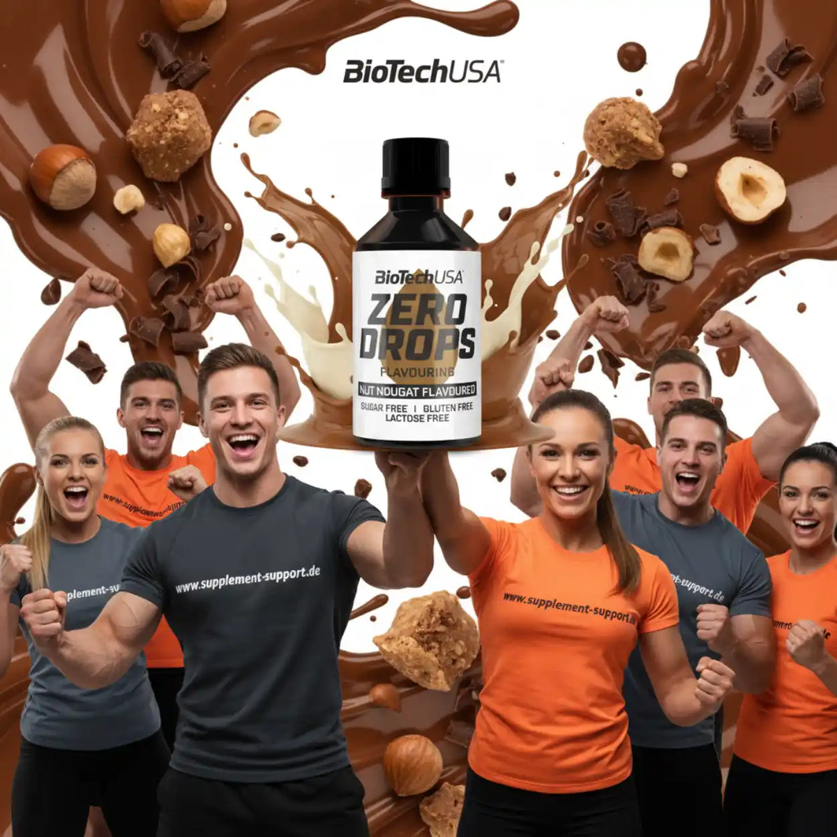 BioTechUSA Zero Drops Aroma Nuss-Nougat mit jubelnden Sportlern und flüssiger Schokolade.