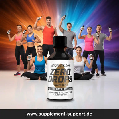 BioTechUSA Zero Drops Nut Nougat Geschmack mit sportlichen Menschen im Hintergrund.