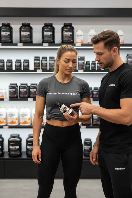 Zwei Personen im Supplement Support Geschäft betrachten Biotech USA Zero Drops, umgeben von Proteinpulver-Regalen.