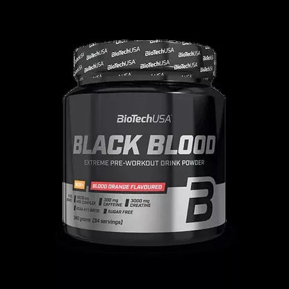 BioTechUSA Black Blood NOX+ Pre-Workout Booster 330g Dose Blood Orange auf schwarzem Hintergrund