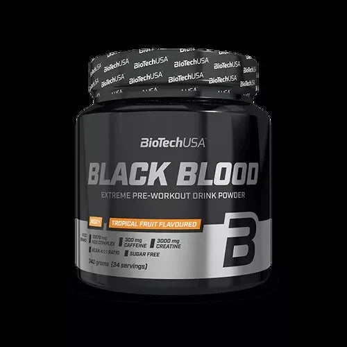 BioTechUSA Black Blood NOX pre-workout Booster 330g Dose mit Tropical Fruit Geschmack auf schwarzem Hintergrund