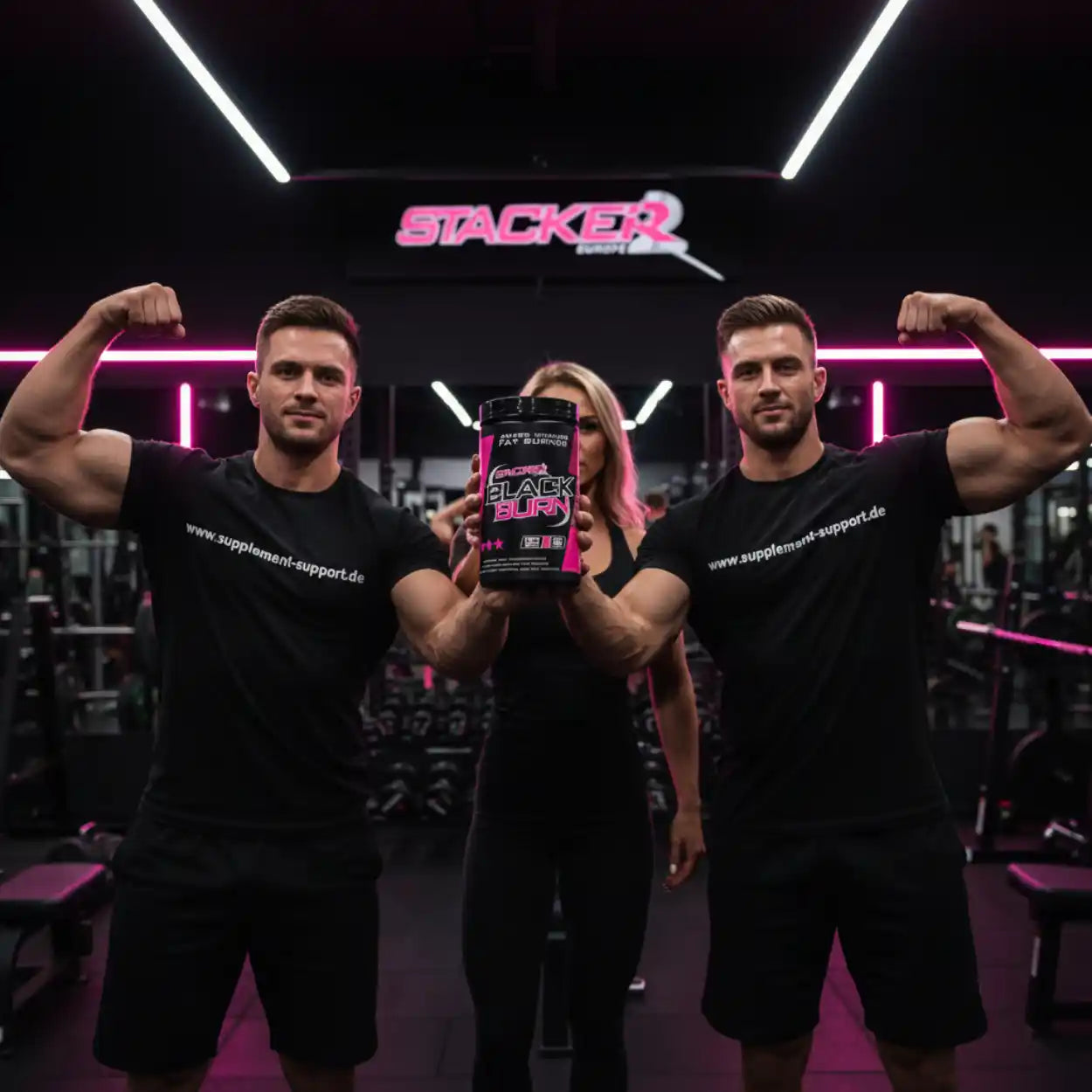 Muskulöse Athleten präsentieren Black Burn Fat Burner im Fitnessstudio – Protein & Booster