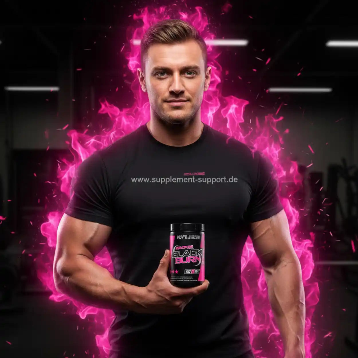 Muskulöser Mann mit Fat Burner Supplement vor pinkem Feuer, ideal für Sport und Fitness
