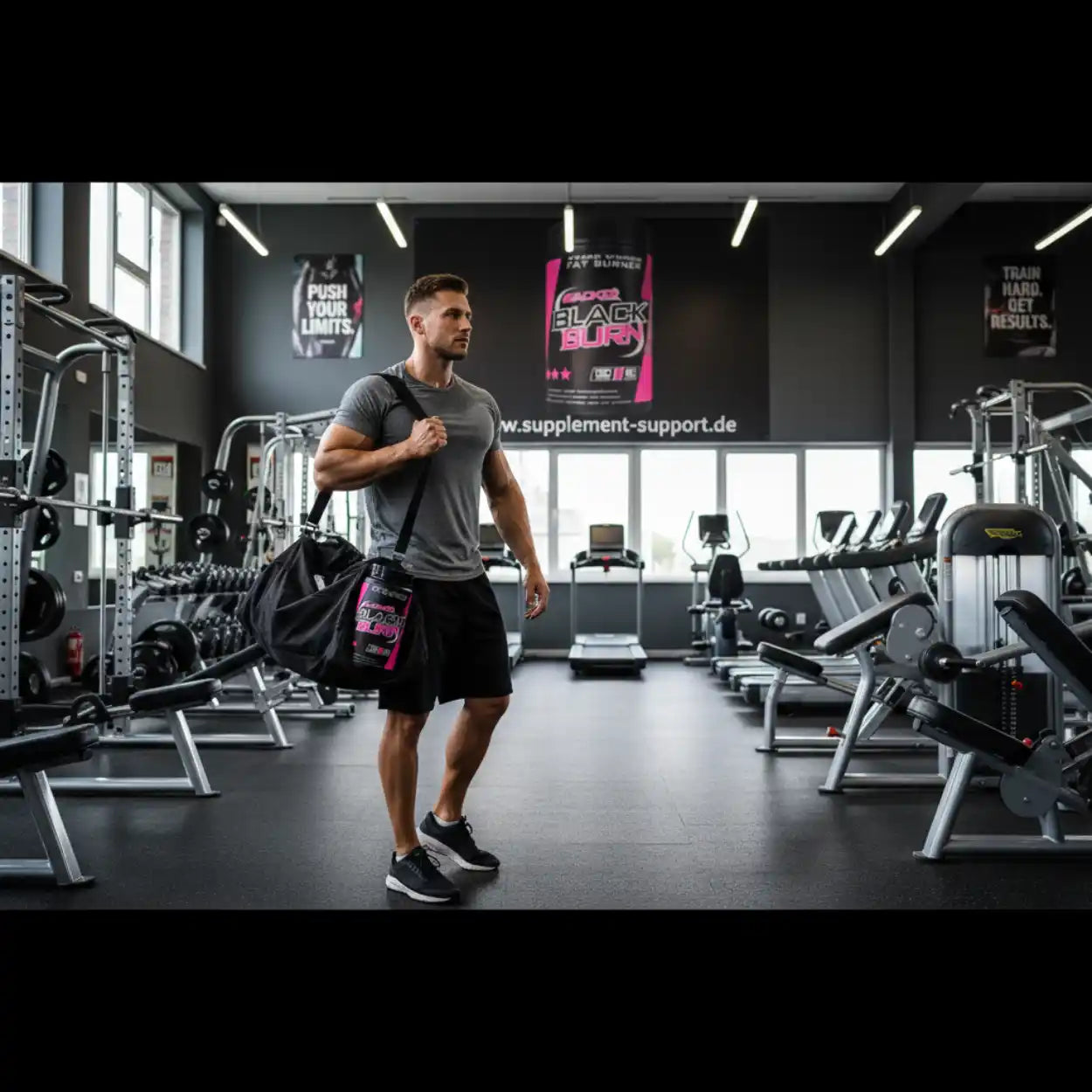 Muskulöser Mann mit Sporttasche im Fitnessstudio, Black Burn Fat Burner