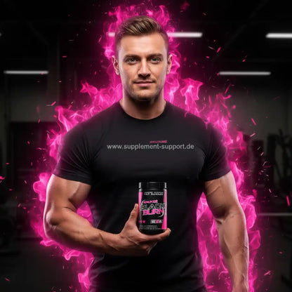 Muskulöser Mann mit Fat Burner Supplement vor pinkem Feuer, ideal für Sport und Fitness