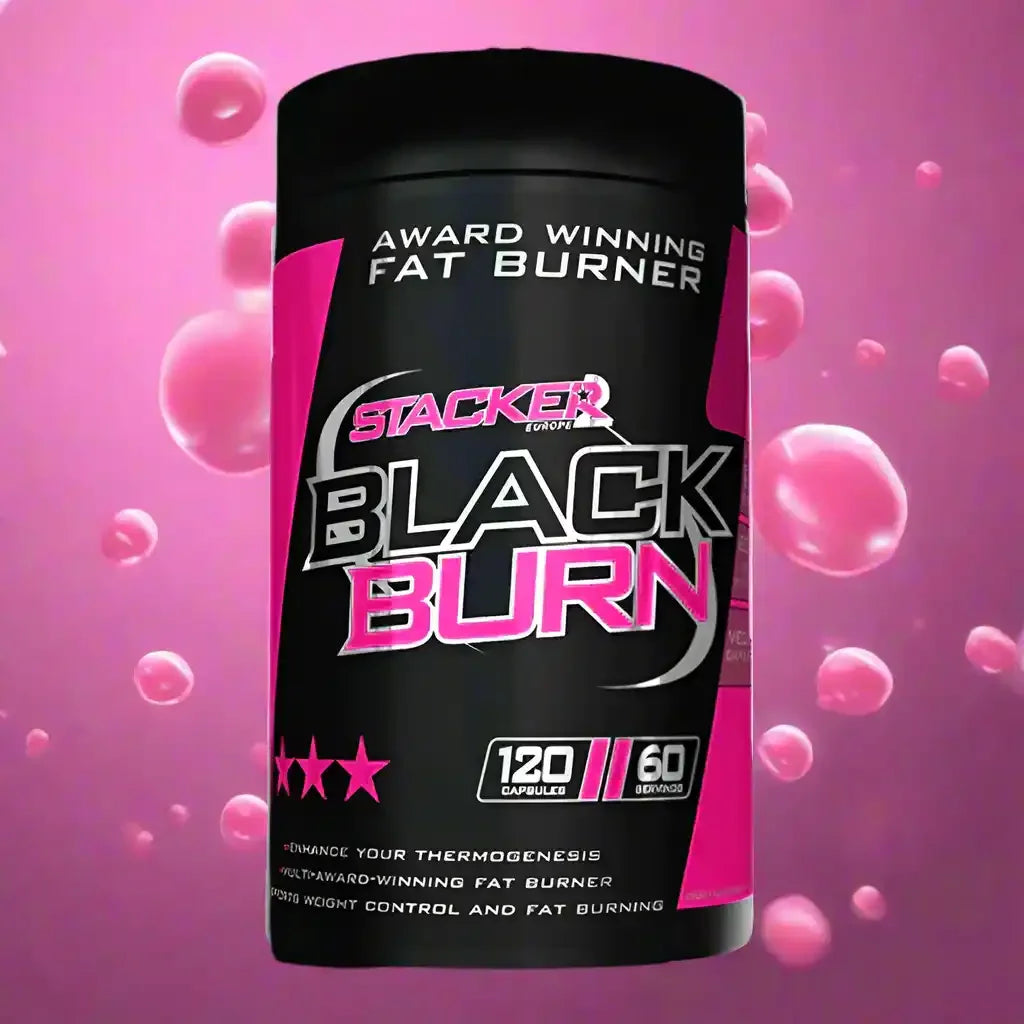 Stacker2 Black Burn Fatburner Dose mit 120 Kapseln auf pinkem Hintergrund mit Blasen