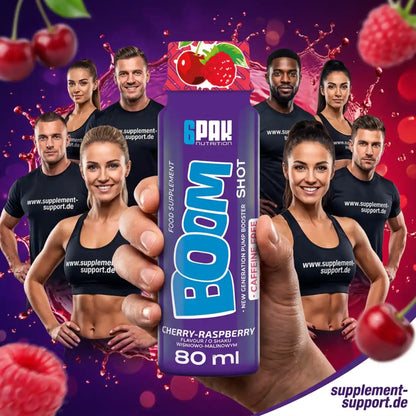 TREC NUTRITION BOOM Pre Workout Shot in Kirsch-Himbeere Geschmack vor sportlichen Menschen.