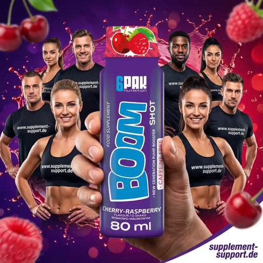 TREC NUTRITION BOOM Pre Workout Shot in Kirsch-Himbeere Geschmack vor sportlichen Menschen.