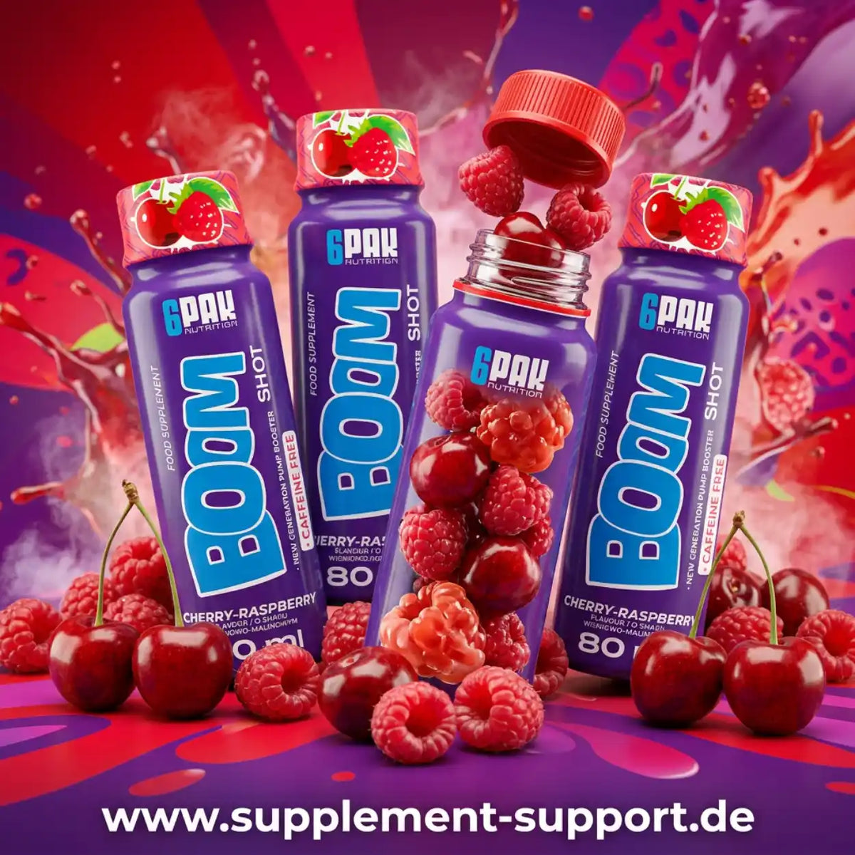 TREC NUTRITION BOOM Pre Workout Shots in Kirsch-Himbeere mit frischen Früchten