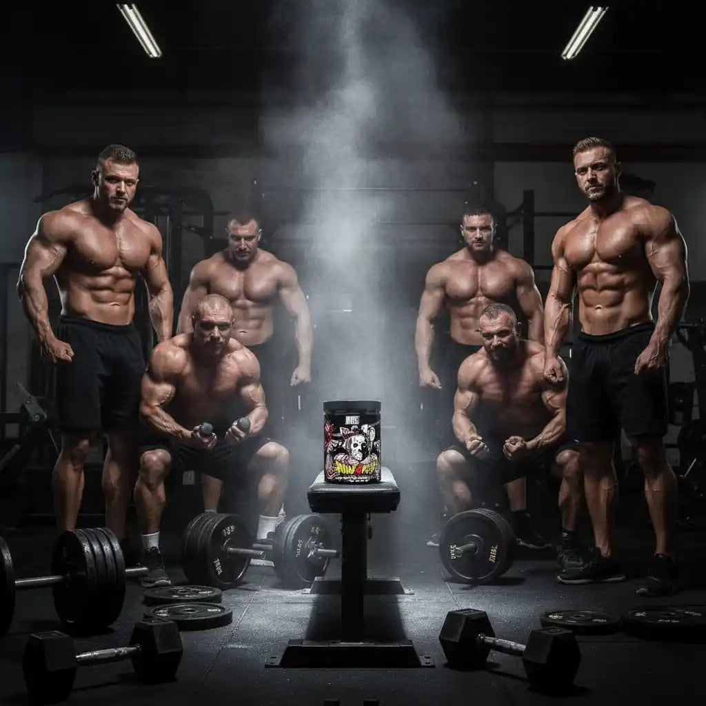 Muskulöse Bodybuilder mit Protein-Pulver in Fitnessstudio, umgeben von Hanteln und Gewichten