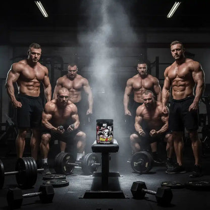 Muskulöse Bodybuilder mit Protein-Pulver in Fitnessstudio, umgeben von Hanteln und Gewichten